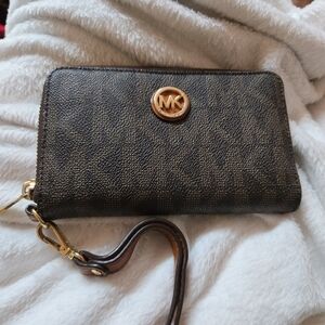 Michael Kors Brown MK Wristlet Wallet with Gold Logo